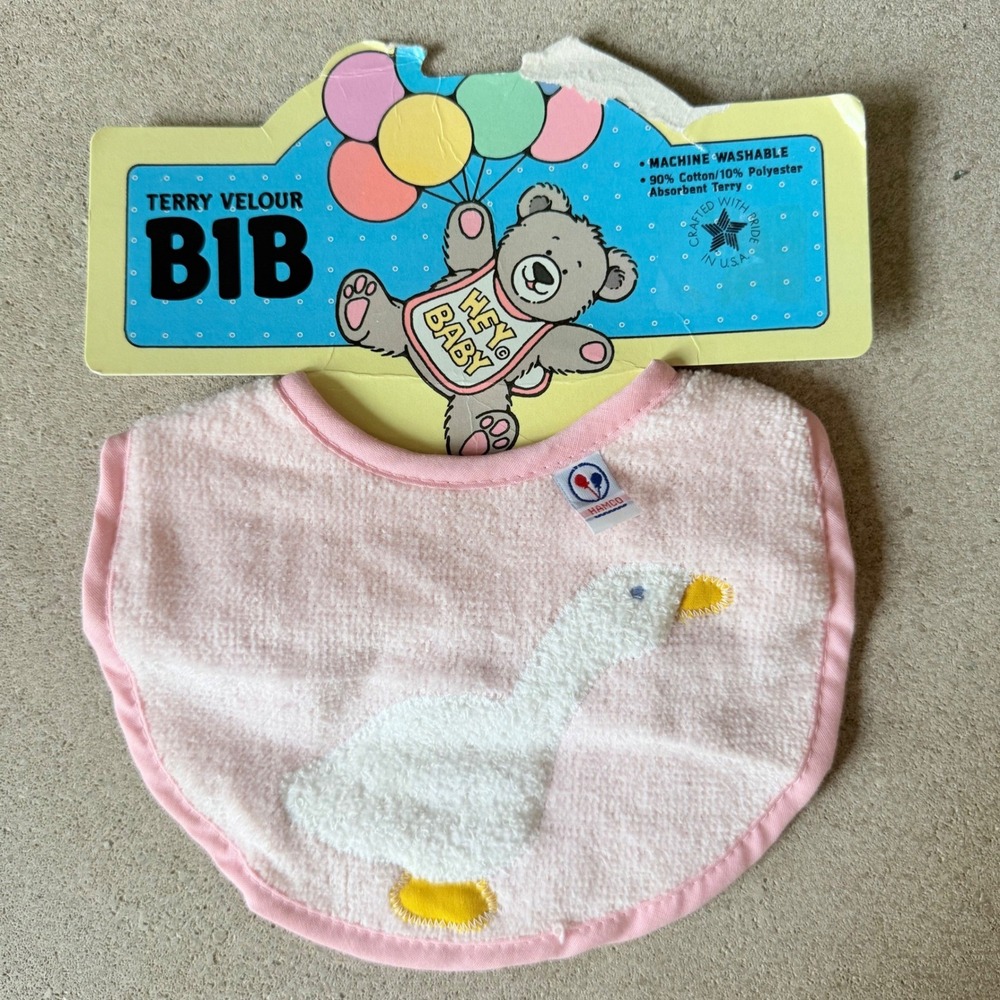 Vintage Baby Bib Pink Duck Goose Applique Terry Velour Made in USA Storybook NEW